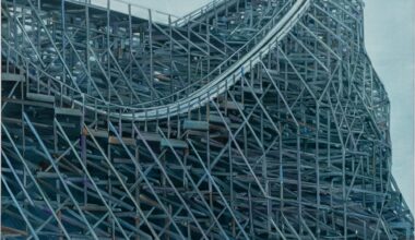 An oil painting by Alex Hutton of a detail of a blue-gray rollercoaster