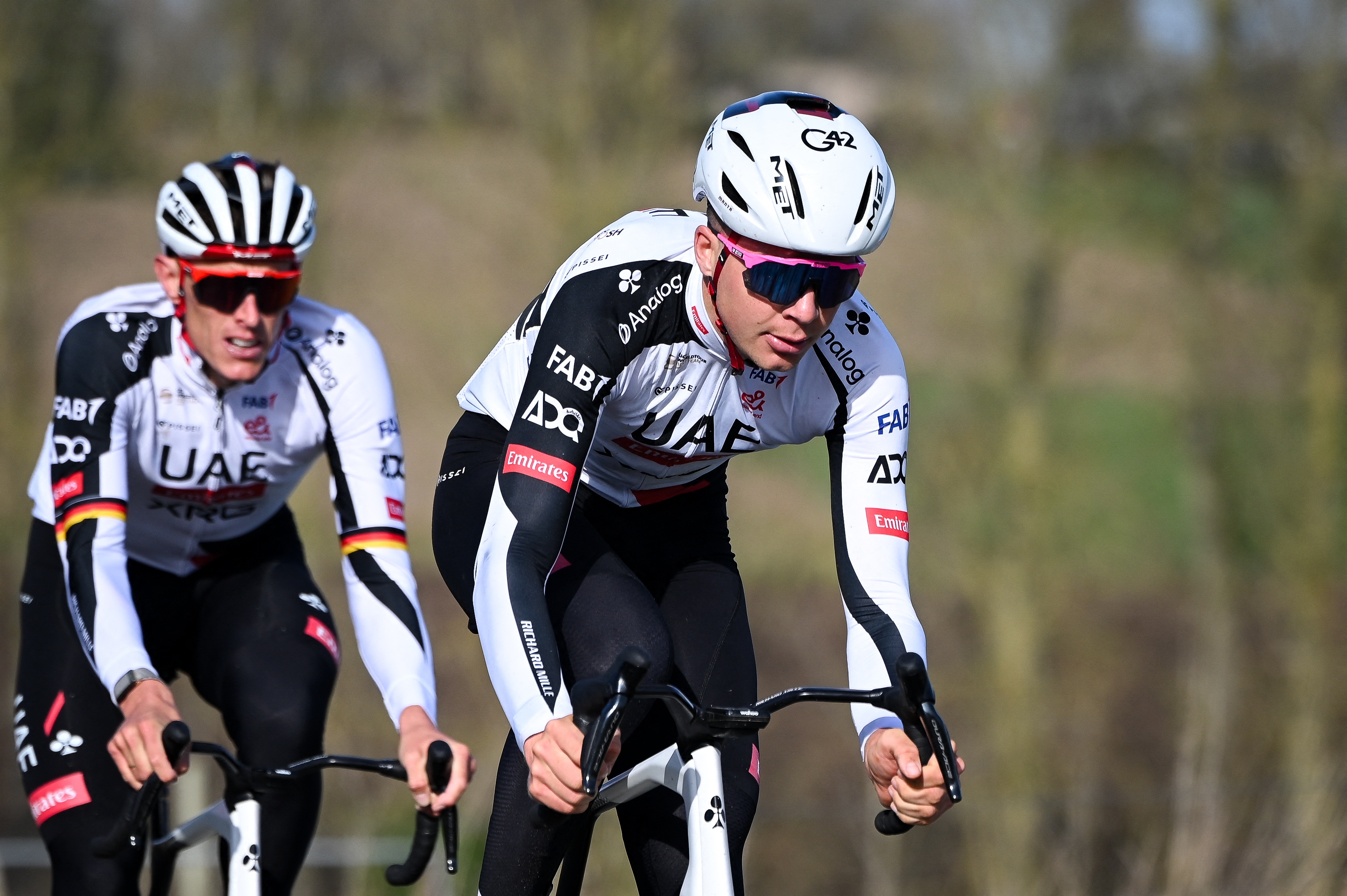 German Nils Politt of UAE Team Emirates-XRG and Belgian Florian Vermeersch of UAE Team Emirates-XRG pictured at the Haaghoek climb during a track reconnaissance session ahead of this weekend's one-day cycling race Omloop Het Nieuwsblad, the opening race of the Flemish classic one day races season, Thursday 26 February 2026. BELGA PHOTO ELIAS ROM (Photo by ELIAS ROM / BELGA MAG / Belga / AFP via Getty Images)