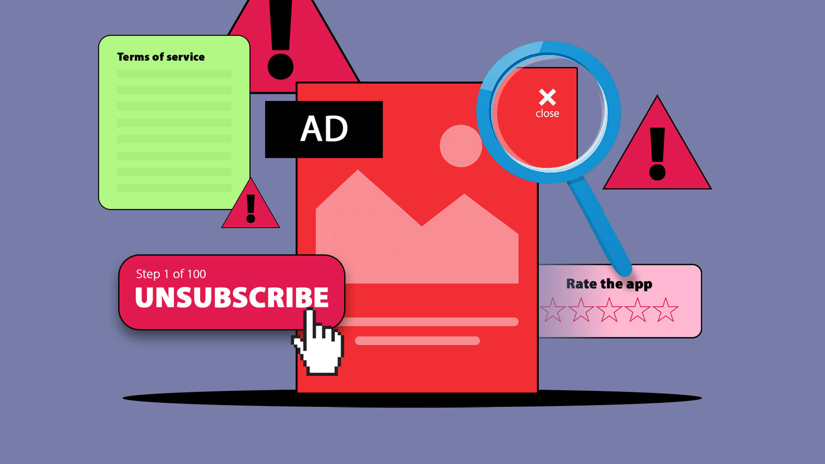 Illustration of hostile UI patterns showing a magnifying glass highlighting a tiny close button, a 'Step 1 of 100' unsubscribe button, and intrusive pop-ups.