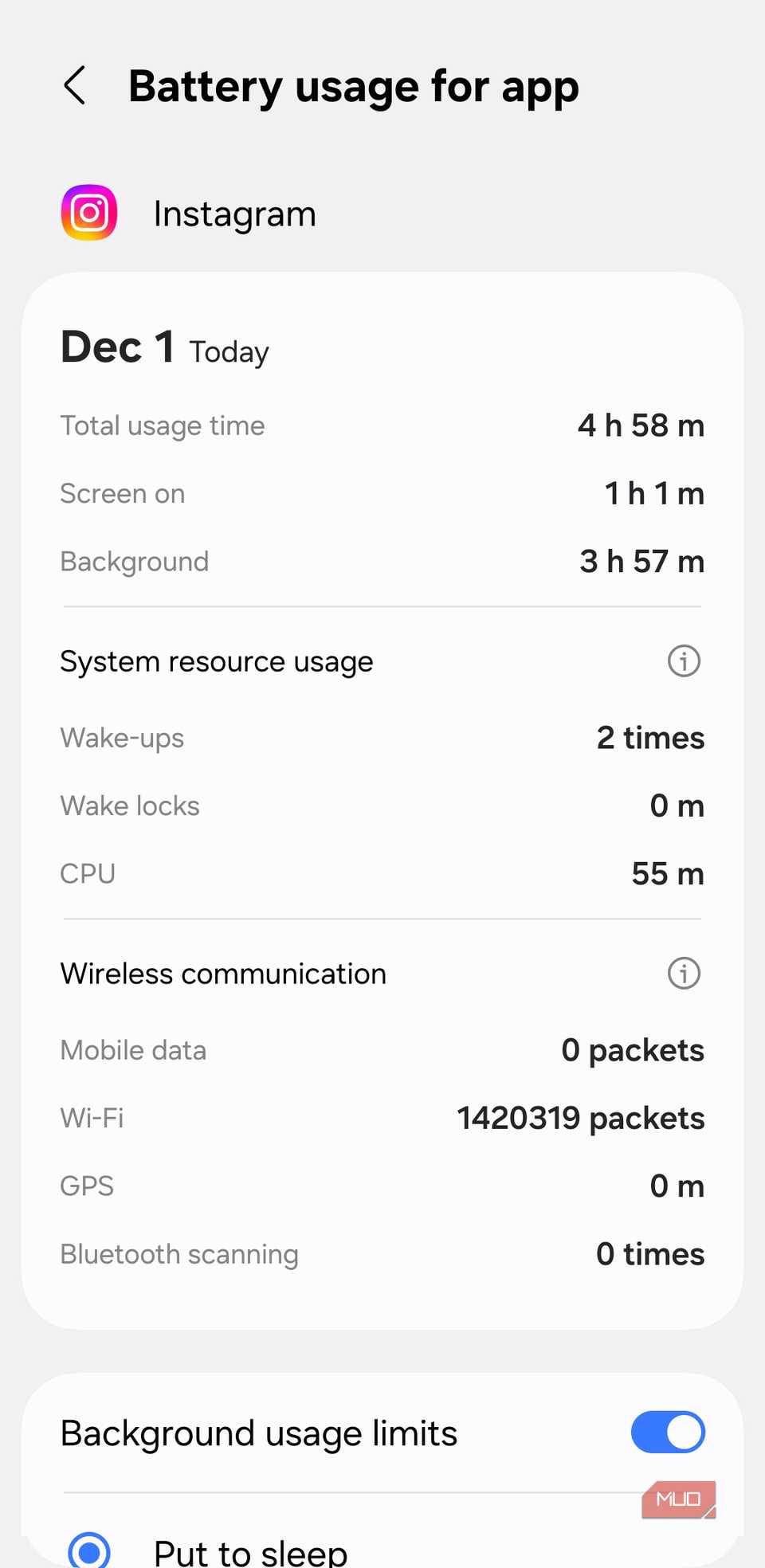 Instagram battery usage on Android