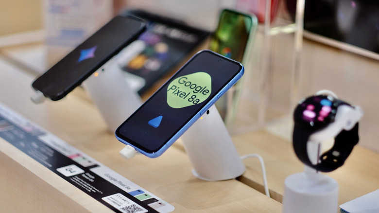 Budget Pixel 8a phone on display in a shop