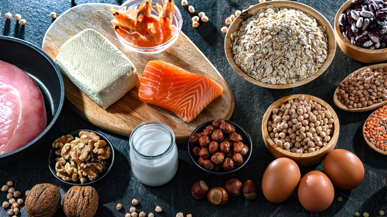 Spread of various high-protein sources including tofu block, salmon, eggs, nuts, yogurt, and legumes