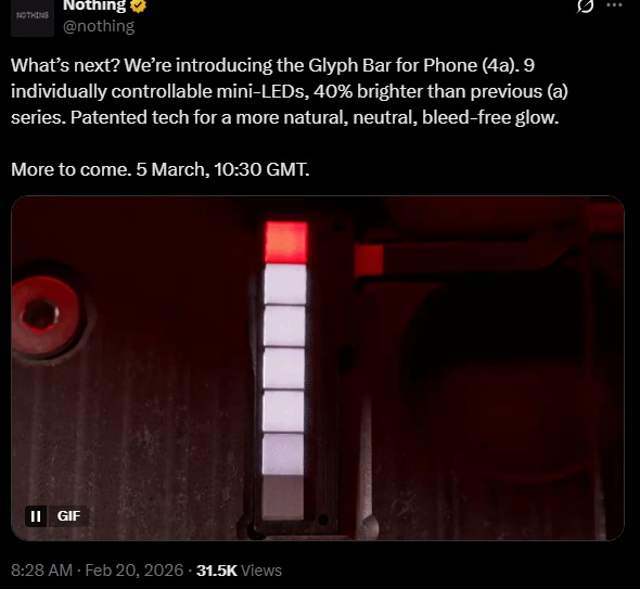 Nothing teases that its Phone 4a series will feature a "Glyph Bar," a set of mini-LEDs.
