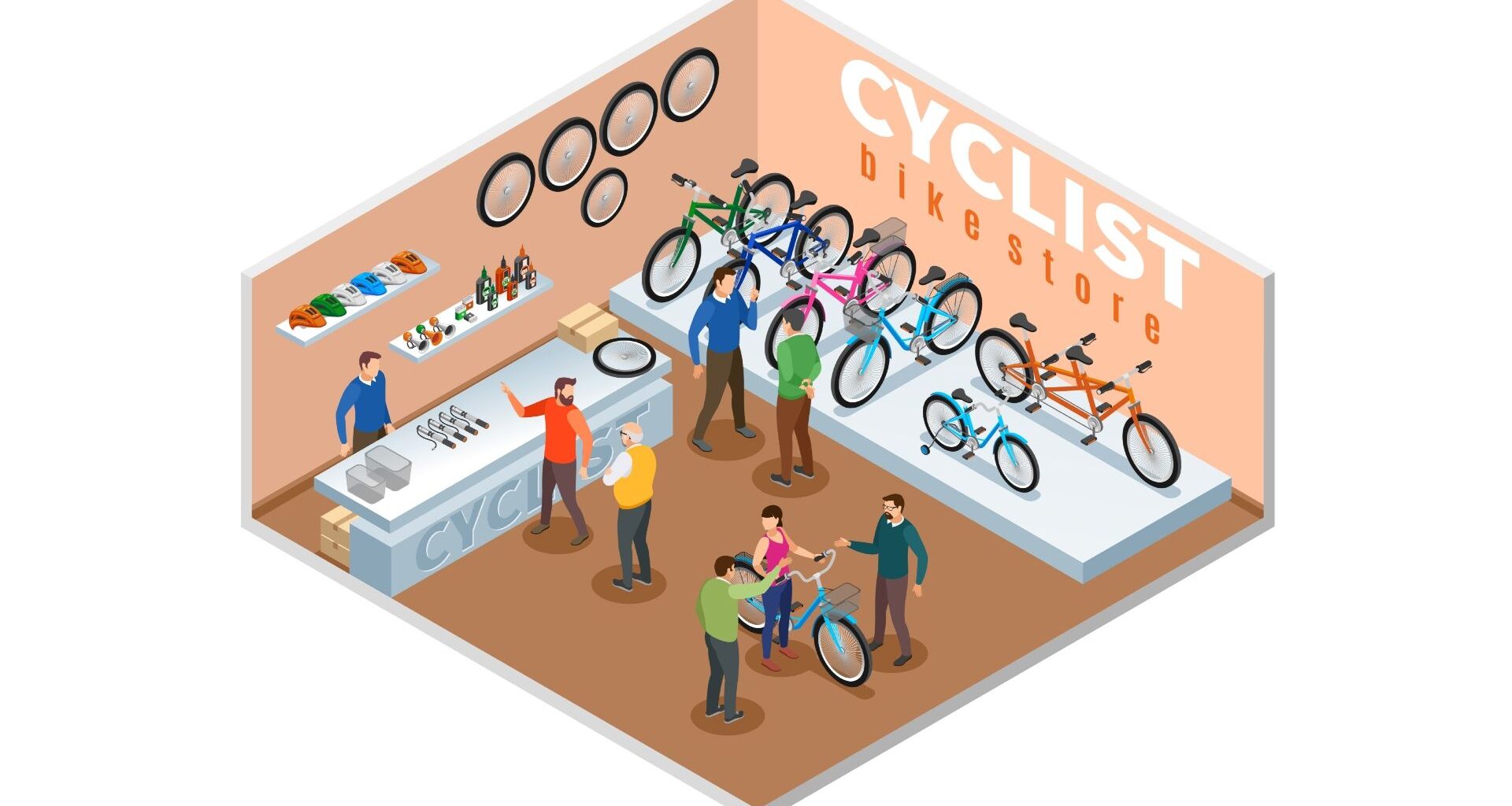 A animated image of a bike shop with people looking at bikes