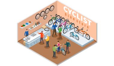 A animated image of a bike shop with people looking at bikes