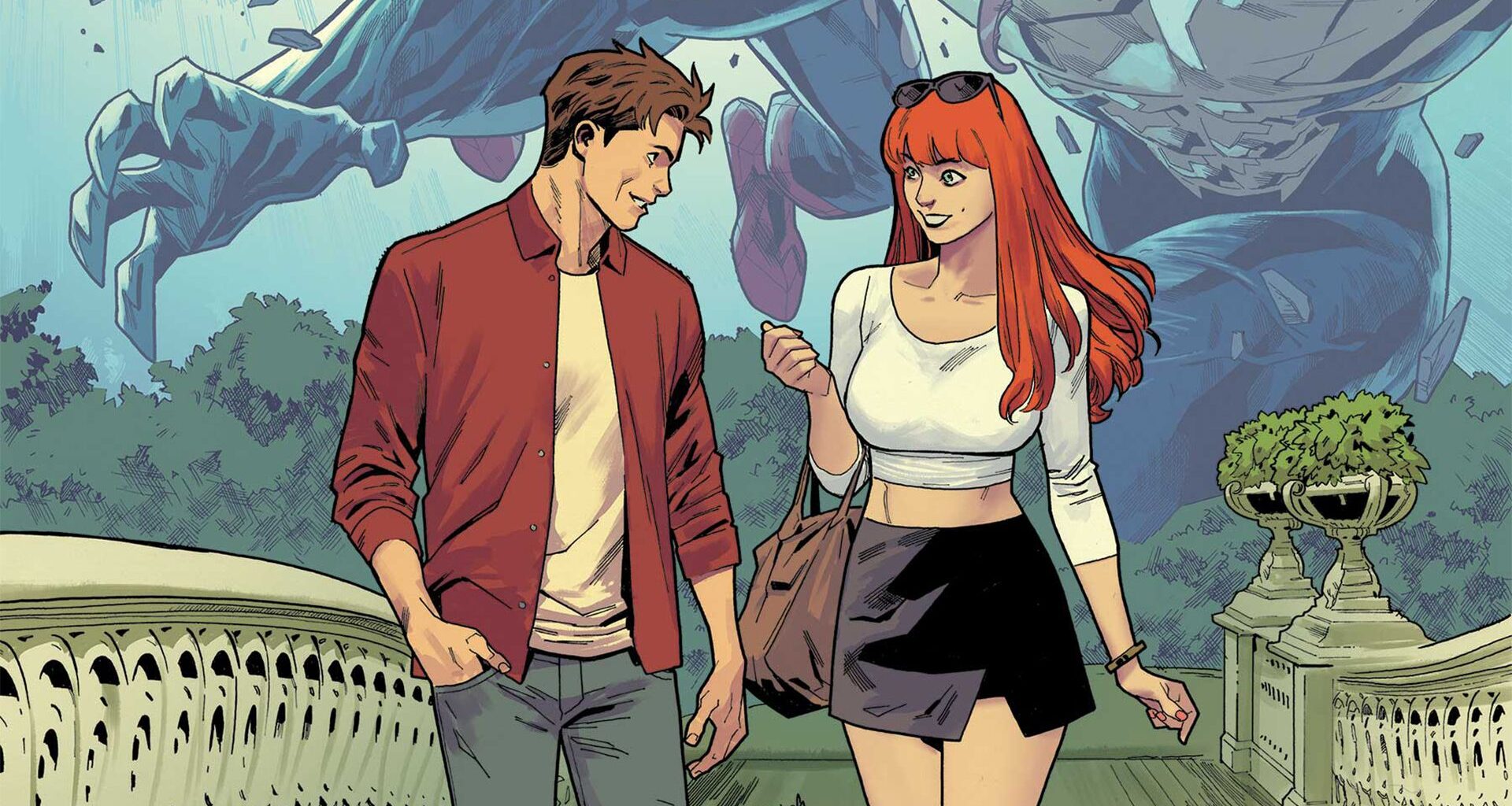 Peter Parker and Mary Jane Watson walking together with an image of Spider-Man fighting Venom in the background