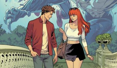 Peter Parker and Mary Jane Watson walking together with an image of Spider-Man fighting Venom in the background