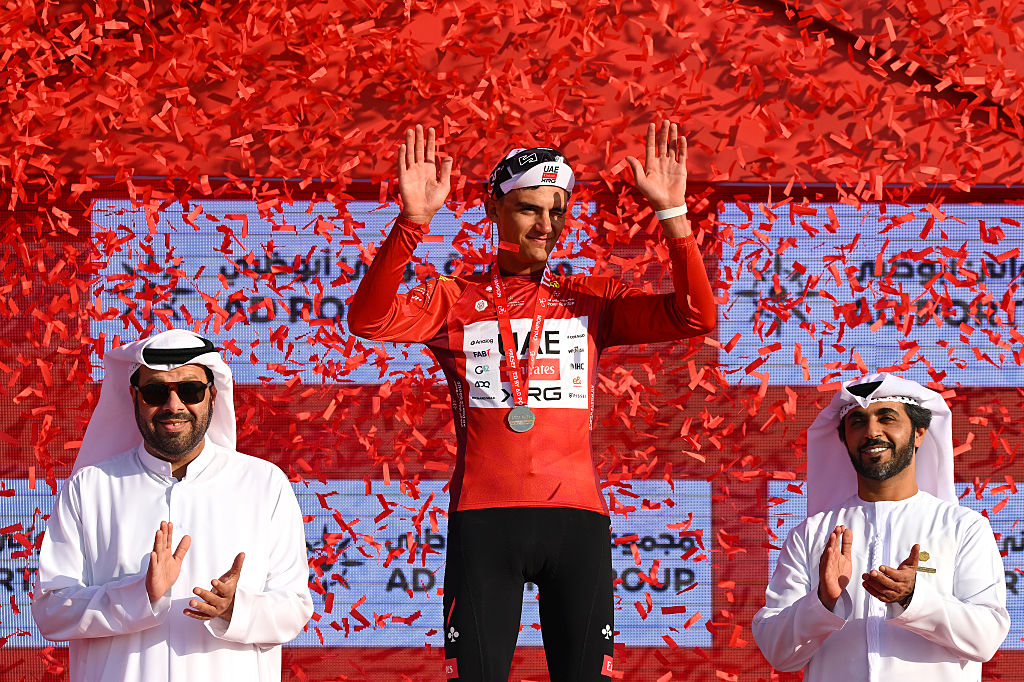 JEBEL HAFEET, UNITED ARAB EMIRATES - FEBRUARY 21: Isaac Del Toro of Mexico and UAE Team Emirates - XRG celebrates at podium as Red Leader Jersey winner during the 8th UAE Tour 2026, Stage 6 a 168km stage from Al Ain Museum to Jebel Hafeet 1036m / #UCIWT / on February 21, 2026 in Jebel Hafeet, United Arab Emirates. (Photo by Tim de Waele/Getty Images)