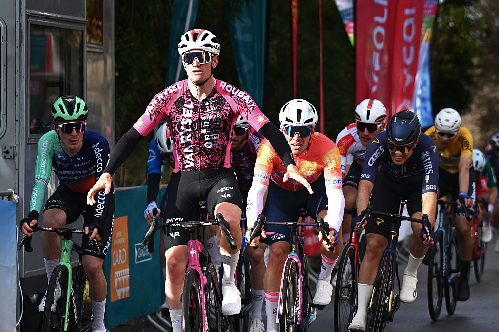 VAUVERT, FRANCE - FEBRUARY 07: Joppe Heremans of Belgium and Van Rysel Roubaix celebrates at finish line as stage winner during the 56th Etoile de Besseges - Tour du Gard 2026, Stage 4 a 154.8km stage from Saint-Christol-lez-Ales to Vauvert on February 07, 2026 in Vauvert, France. (Photo by Luc Claessen/Getty Images)