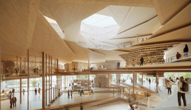 a spiraling timber library by kengo kuma to rise in rzeszów, poland