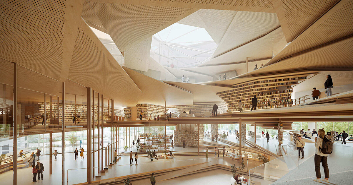 a spiraling timber library by kengo kuma to rise in rzeszów, poland