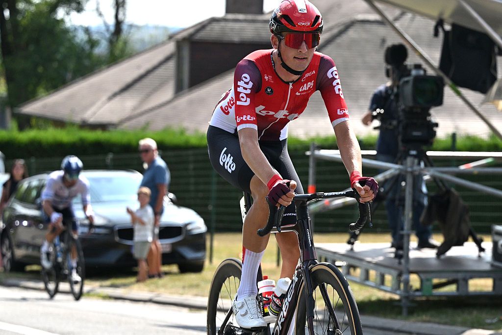 MONT-DE-L&amp;apos;ENCLUS, BELGIUM - AUGUST 15: Robin Orins of Belgium and Team Lotto competes during the 84th Circuit Franco-Belge 2025 a 206.7km one day race from Tournai to Mont-de-l&amp;apos;Enclus on August 15, 2025 in Mont-de-l&amp;apos;Enclus, Belgium. (Photo by Luc Claessen/Getty Images)