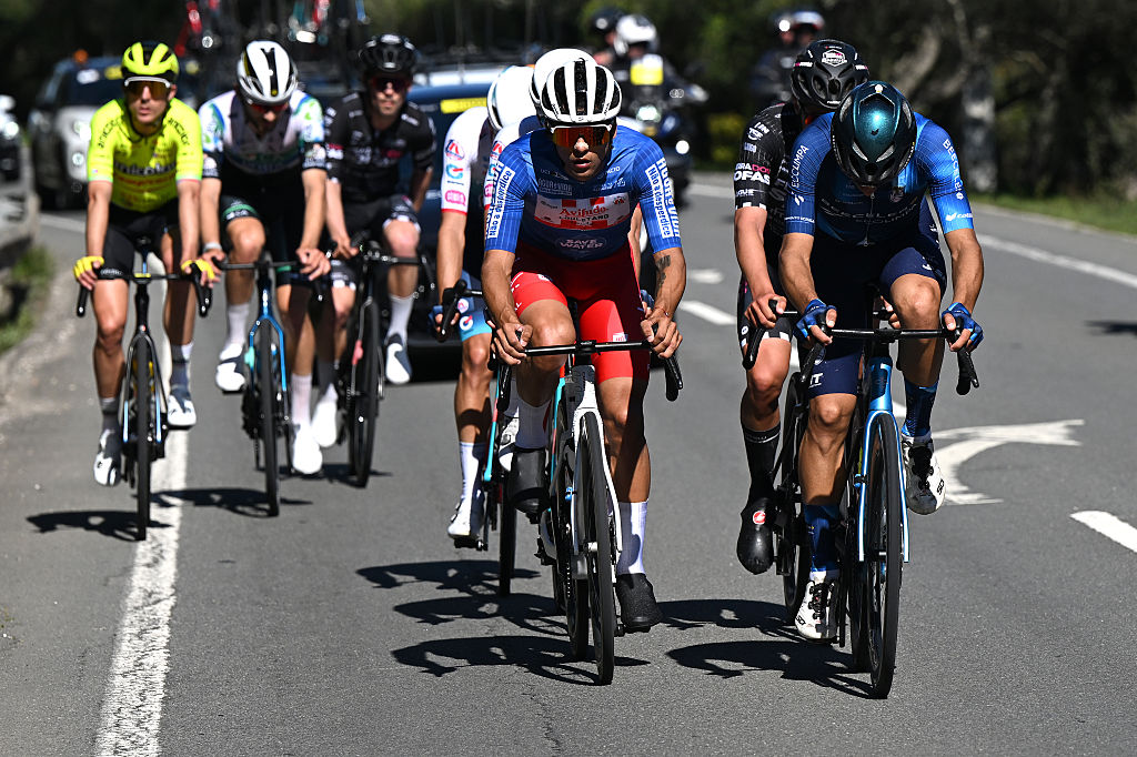 LAGOS, PORTUGAL - FEBRUARY 21: Tomas Contte of Argentina and Team Aviludo - Louletano - Loule - Blue Mountain Jersey competes in the breakaway during the 52nd Volta ao Algarve em Bicicleta 2026, Stage 4 a 175.1km stage from Albufeira to Lagos on February 21, 2026 in Lagos, Portugal. (Photo by Dario Belingheri/Getty Images)