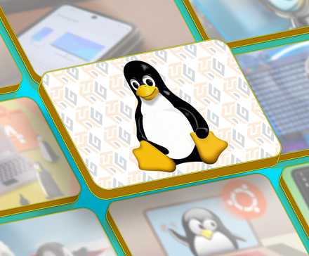 Linux mascot at the center of the screen with some featured images of articles beside it.