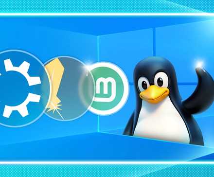 Linux mascot waving inside the Windows 10 logo with the logos of some Linux distributions in front.