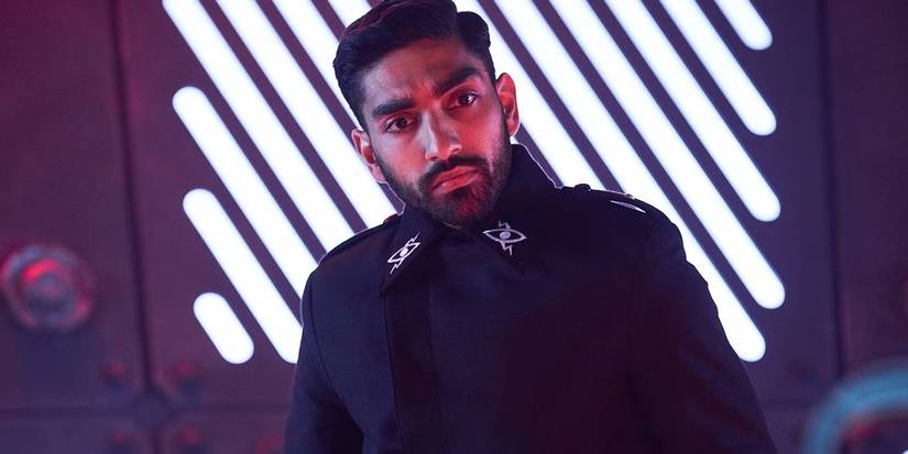 Mawaan Rizwan wearing a Kaled uniform in Doctor Who