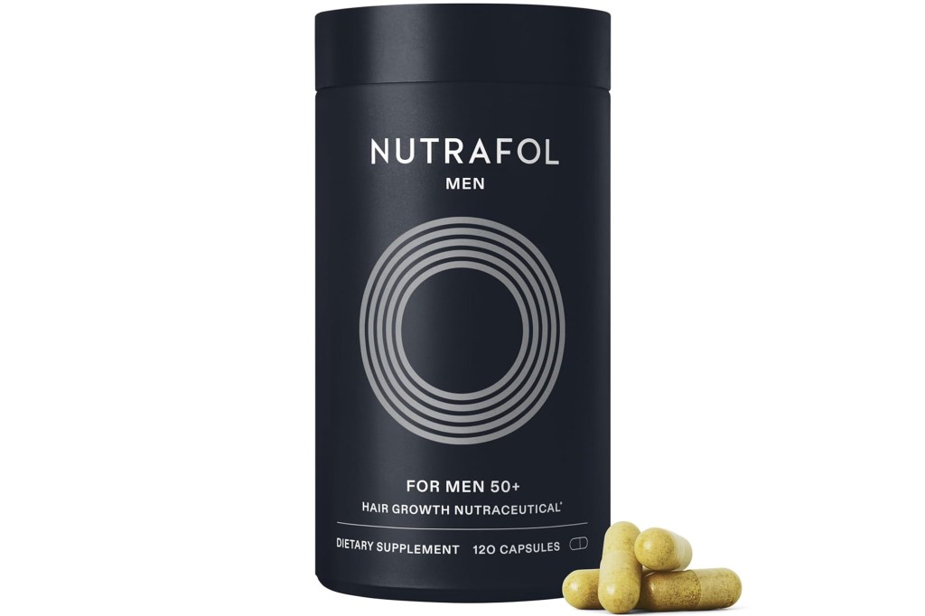 Nutrafol Men 50+ Hair Growth Nutraceutical dietary supplement in a dark grey bottle with several capsules in front.
