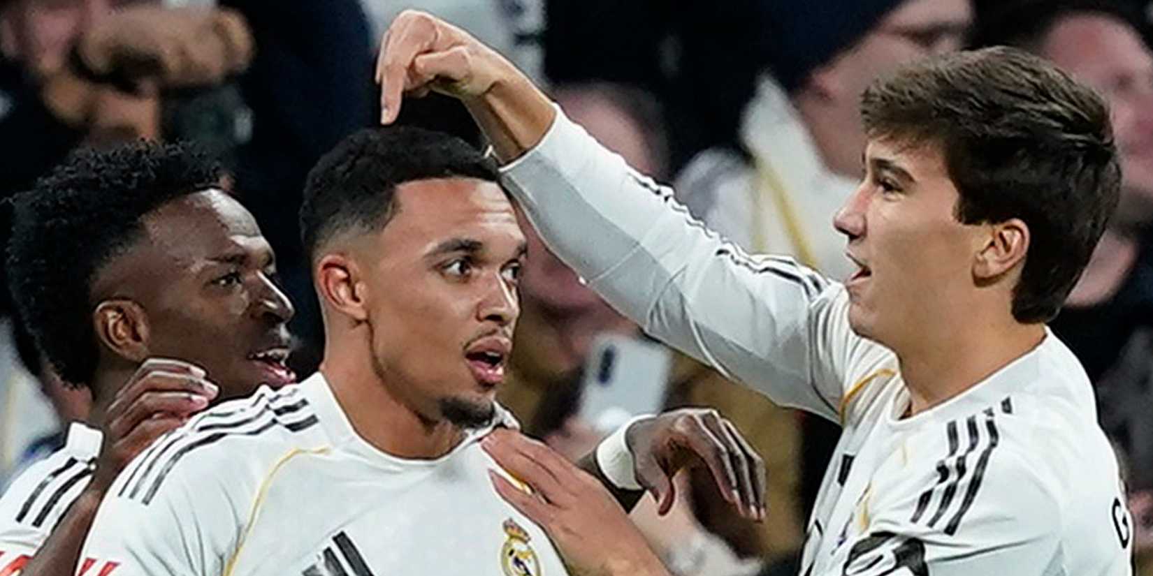 Real Madrid's Gonzalo Garcia celebrates scoring their first goal with Trent Alexander-Arnold