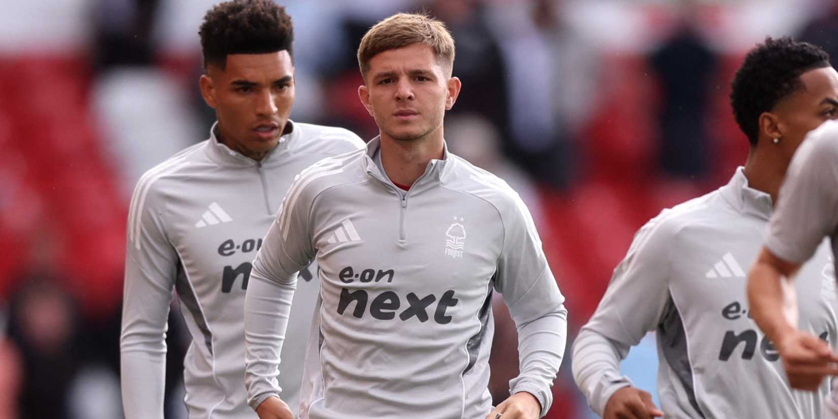 James McAtee during a pre-match warm-up with Nottingham Forest