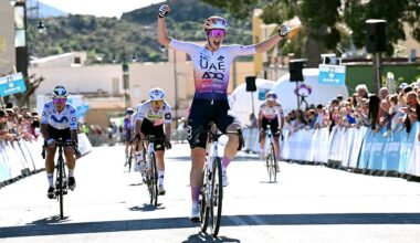 TABERNAS, SPAIN - FEBRUARY 22: Federica Venturelli of Italy and UAE Team ADQ celebrates at finish line as race winner during the 4th Clasica de Almeria Women&amp;apos;s Elite 2026 a 118.8km one day race from Almeria to Tabernas on February 22, 2026 in Almeria, Spain. (Photo by Antonio Baixauli/Getty Images)