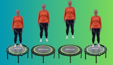 Four images of a woman bouncing on trampoline side by side on a blue-green color gradient background