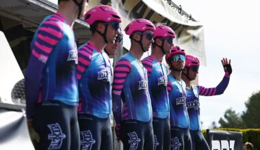 VALENCIA, SPAIN - JANUARY 25: (L-R) Odd C. Eiking of Norway, Dylan Groenewegen of Netherlands and Team Unibet Rose Rockets prior to the 42nd Classica Comunitat Valenciana 1969 - Gran premio Valencia 2026 a 200km one day race from La Nucia to Valencia on January 25, 2026 in La Nucia, Spain. (Photo by Antonio Baixauli/Getty Images)