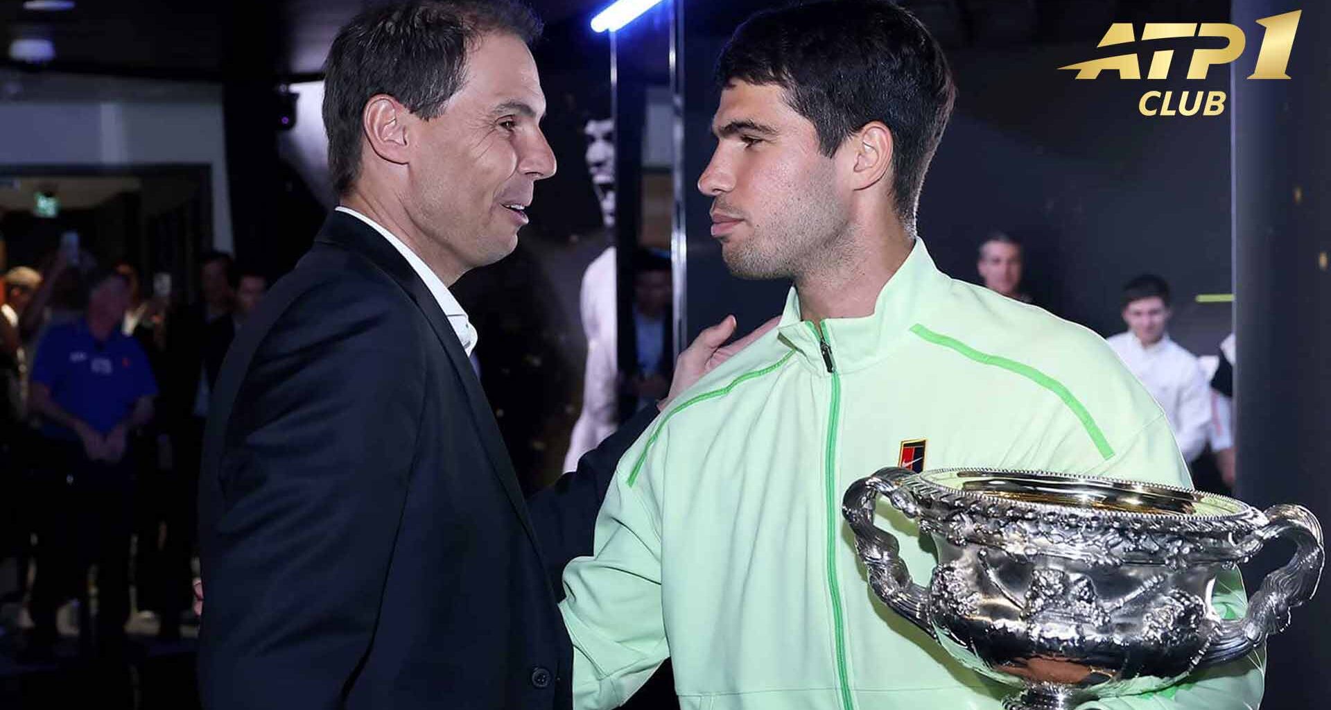Rafael Nadal speaks with Carlos Alcaraz following the 2026 Australian Open final.
