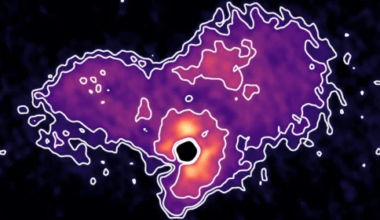 A purple heart-like shape in space outlined with white lines.