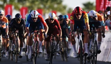 FUJAIRAH, UNITED ARAB EMIRATES - FEBRUARY 19: A general view of Jonathan Milan of Italy and Team Lidl - Trek, Ethan Vernon of Great Britain and Team NSN Cycling, Matteo Milan of Italy and Team Groupama - FDJ United, Gerben Thijssen of Belgium and Team Alpecin-Premier Tech, Robin Froidevaux of Switzerland and Team Tudor Pro Cycling, Matteo Malucelli of Italy and Team XDS Astana sprint at finish line during the 8th UAE Tour 2026, Stage 4 a 182km stage from Fujairah to Fujairah / #UCIWT / on February 19, 2026 in Fujairah, United Arab Emirates. (Photo by Tim de Waele/Getty Images)