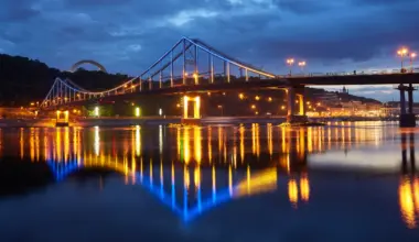 Pedestrian bridge in Kiev. Evening lighting