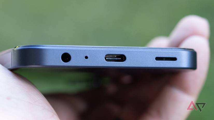The bottom of the Pinwheel Plus 4, showing the headphone jack and USB-C port