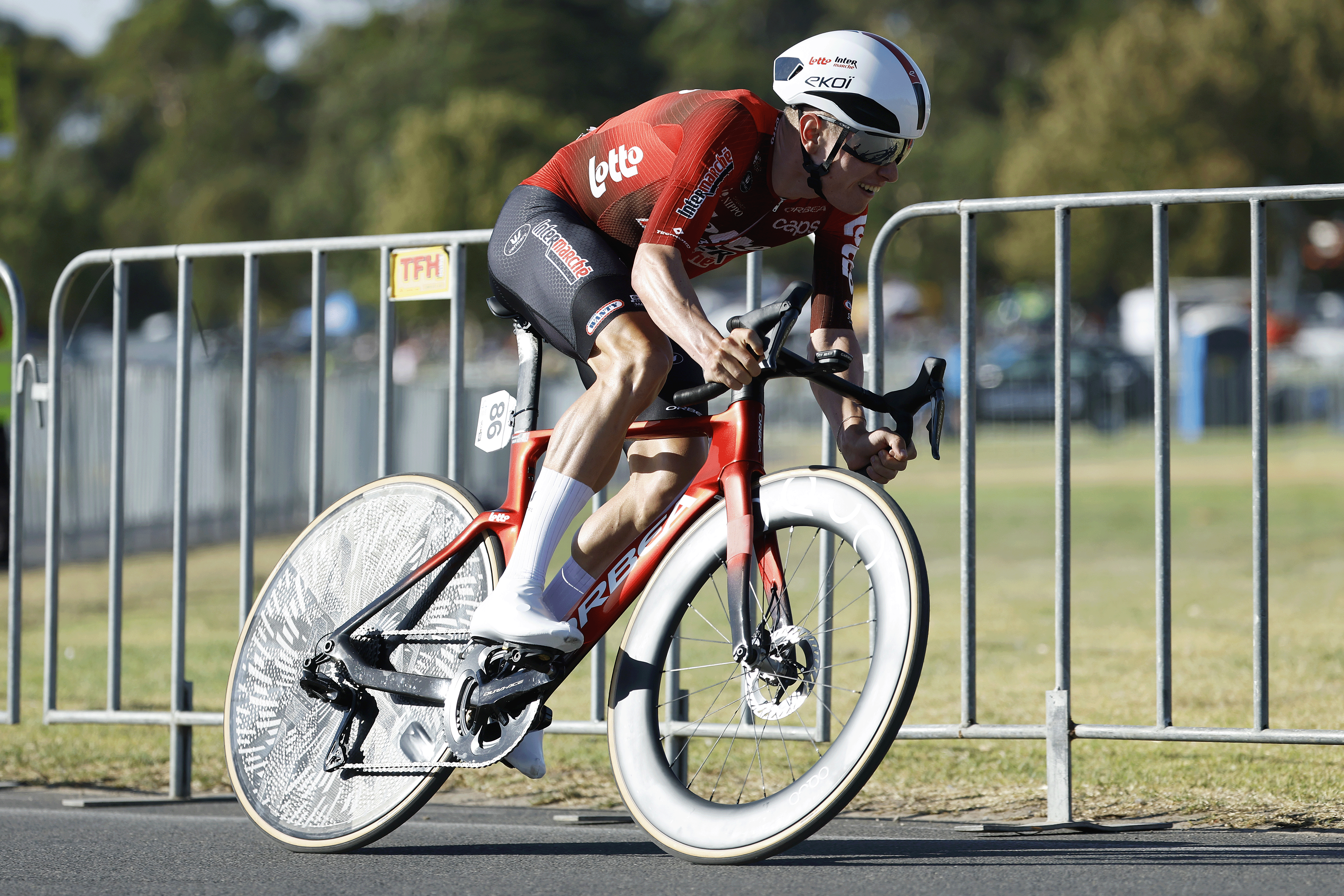 ADELAIDE, AUSTRALIA - JANUARY 20: Lennert van Eetvelt of Belgium and Team Lotto Intermarche competes during the 26th Santos Tour Down Under 2026 - Prologue a 3.6km individual time trial stage from Adelaide to Adelaide / #UCIWT / on January 20, 2026 in Adelaide, Australia. (Photo by Con Chronis/Getty Images)