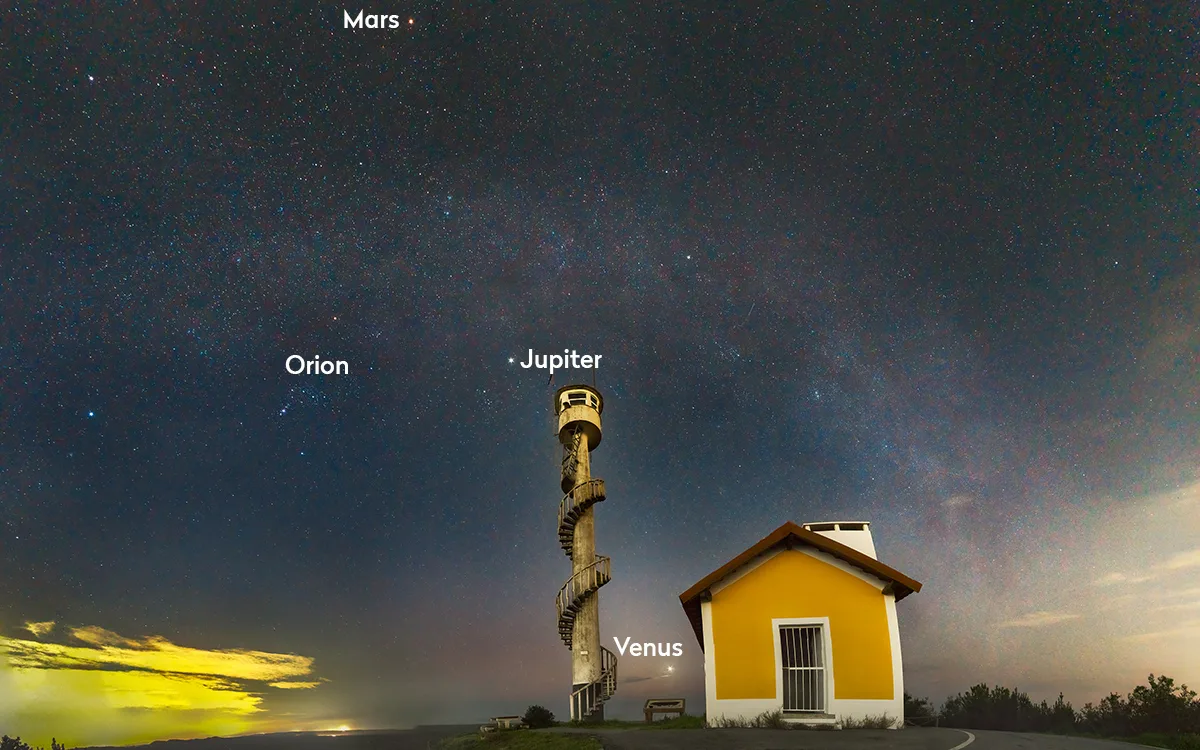 Mars, Jupiter and Venus on the night of the seven-planet alignment, 28 February 2025, captured by Rui Santos, Pinhal de Leiria, Portugal, 28 February 2025. Equipment: Sony A6000 camera, Samyang 12mm f/2 lens, Geekoto AT24Pro Dreamer tripod, Andoer Q08S Rotating Head. Exposure: Panorama of 4 panels x 10 photos on each panel, 40 x 20", ISO 6400, f/2.8. Processing: PTGUI, Lightroom, Photoshop, RCplugins, Luminar
