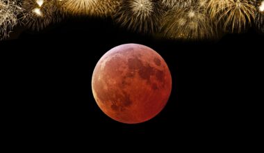 close up view of a blood red moon during total lunar eclipse and above is golden fireworks symbolizing new year's eve.