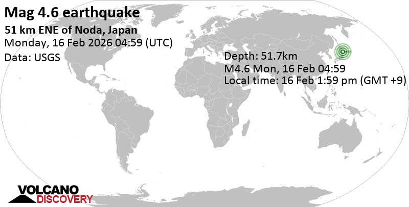 4.6 quake North Pacific Ocean, 83 km northeast of Miyako, Iwate, Japan, Feb 16, 2026 01:59 pm (GMT +9)