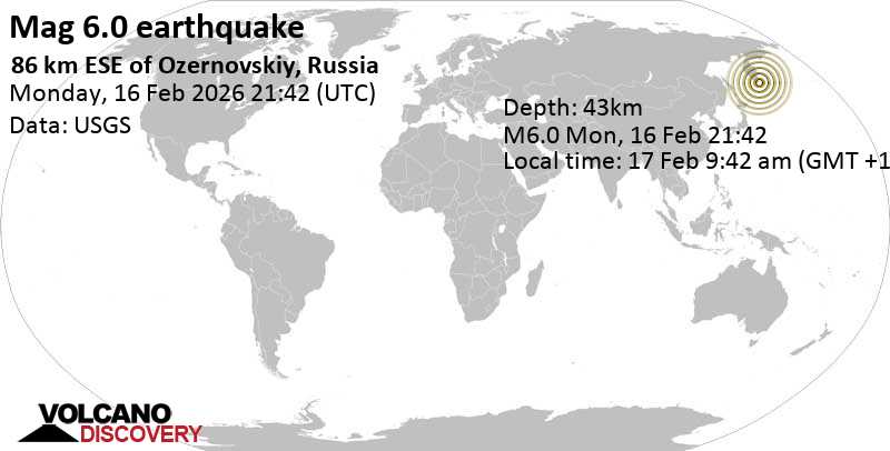 6.0 quake North Pacific Ocean, 100 km northeast of Ostrov Shumshu Island, Kamchatka, Russia, Feb 17, 2026 09:42 am (Kamchatka time)