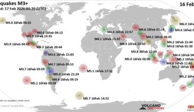 Worldwide earthquakes above magnitude 3 during the past 24 hours on 17 Feb 2026