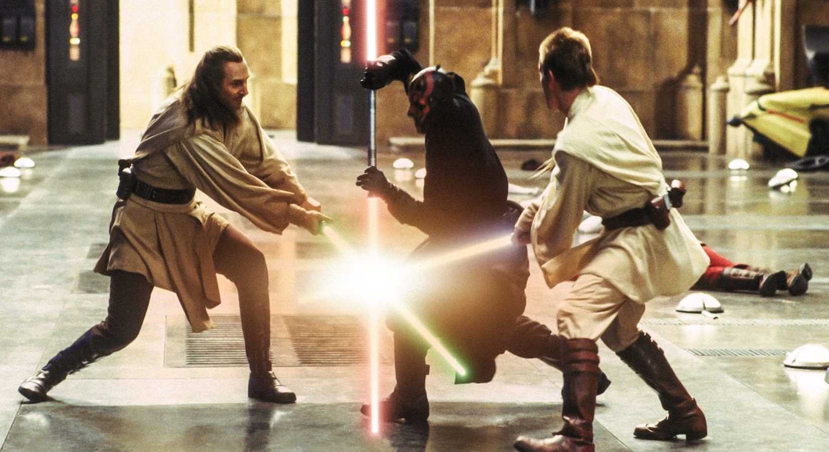 Qui-Gon-Jinn,-Darth-Maul,-and-Obi-Wan-Kenobi's-lightsaber-battle-in-The-Phantom-Menace
