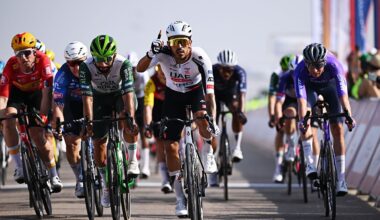 BIMMAH SINKHOLE, OMAN - FEBRUARY 07: Juan Sebastian Molano of Colombia and UAE Team Emirates celebrates at finish line as stage winner ahead of Fernando Gaviria of Colombia and Team Caja Rural-Seguros RGA and Gerben Thijssen of Belgium and Team Alpecin-Premier Tech during the 15th Tour of Oman 2026, Stage 1 a 170.9km stage from Ministry of Tourism to Bimmah Sink Hole on February 07, 2026 in Bimmah sinkhole, Oman. (Photo by Dario Belingheri/Getty Images)