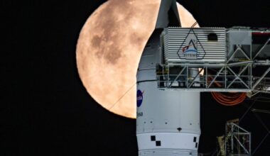 NASA's Artemis 2 moon rocket in front of a full moon