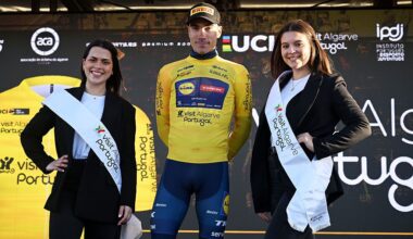 FOIA, PORTUGAL - FEBRUARY 19: Juan Ayuso of Spain and Team Lidl - Trek celebrates at podium as Yellow Leader Jersey winner during the 52nd Volta ao Algarve em Bicicleta 2026, Stage 2 a 183.5km stage from Portimao to Foia (Monchique) 882m on February 19, 2026 in Foia, Portugal. (Photo by Dario Belingheri/Getty Images)