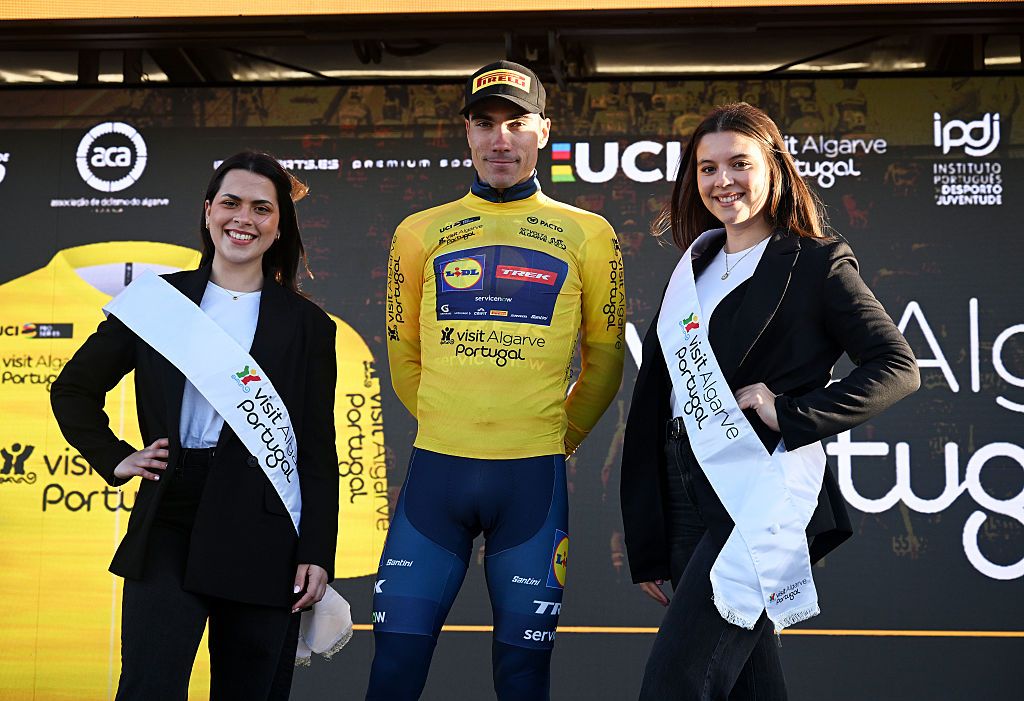 FOIA, PORTUGAL - FEBRUARY 19: Juan Ayuso of Spain and Team Lidl - Trek celebrates at podium as Yellow Leader Jersey winner during the 52nd Volta ao Algarve em Bicicleta 2026, Stage 2 a 183.5km stage from Portimao to Foia (Monchique) 882m on February 19, 2026 in Foia, Portugal. (Photo by Dario Belingheri/Getty Images)
