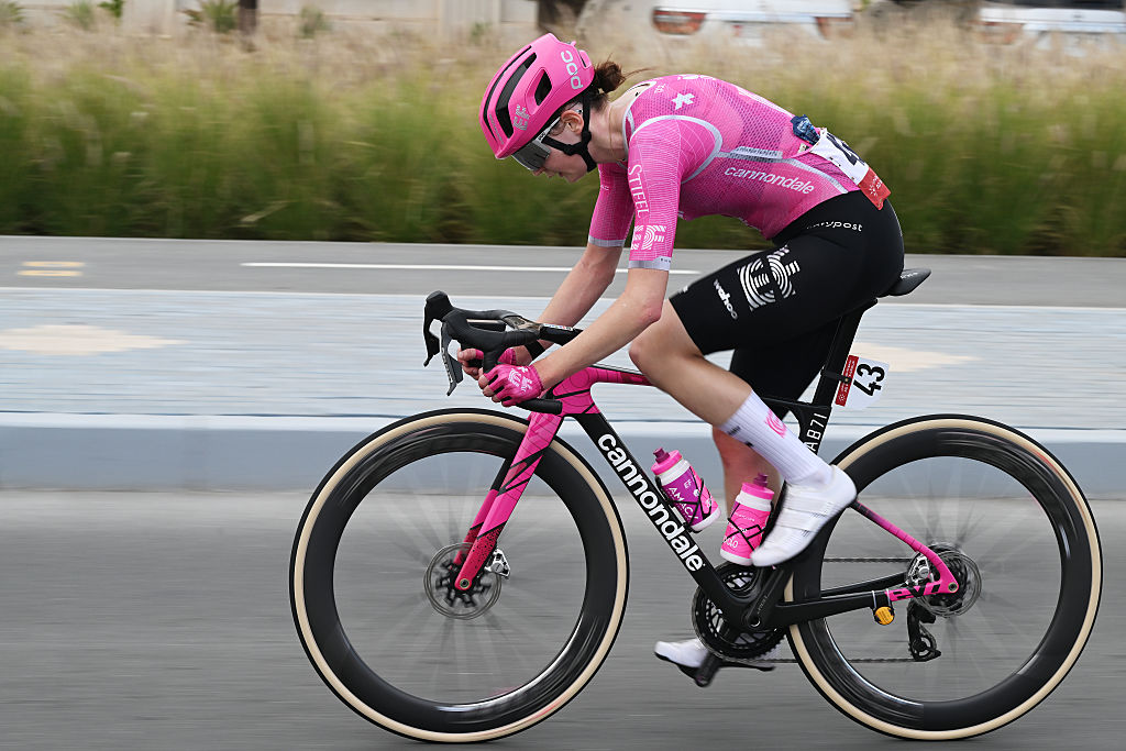 ABU DHABI, UNITED ARAB EMIRATES - FEBRUARY 07: Nina Berton of Luxembourg and Team EF Education-Oatly competes in the breakaway during the 4th UAE Tour Women 2026, Stage 3 a 145km stage from Abu Dhabi TeamLab Phenomena to Abu Dhabi Breakwater on February 07, 2026 in Abu Dhabi, United Arab Emirates. (Photo by Tim de Waele/Getty Images)