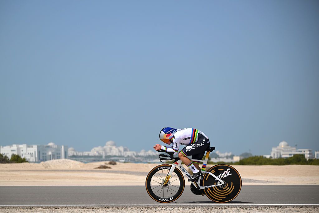 ABU DHABI, UNITED ARAB EMIRATES - FEBRUARY 17: Remco Evenepoel of Belgium and Team Red Bull - BORA - hansgrohe competes during the 8th UAE Tour 2026, Stage 2 a 12.2km individual time trial stage from Hudayriyat Island to Hudayriyat Island / #UCIWT / on February 17, 2026 in Abu Dhabi, United Arab Emirates. (Photo by Tim de Waele/Getty Images)