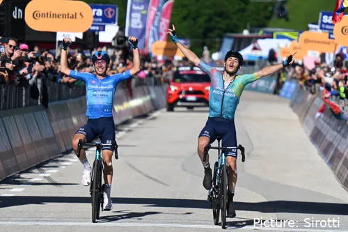 Lorenzo Fortunato & Christian Scaroni together cross the finish line to win the 2025 Giro d'Italia stage 16