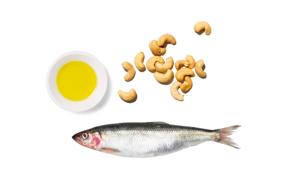 ingredients for a dish including a fish oil and cashews