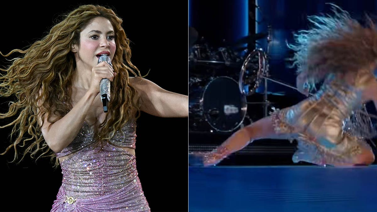 A split of Shakira performing and falling on stage 