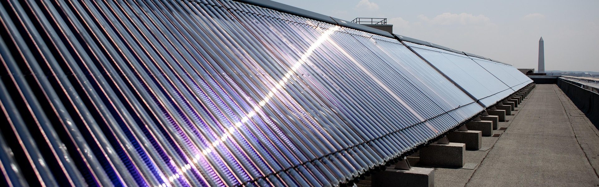 A rooftop array of solar thermal collectors