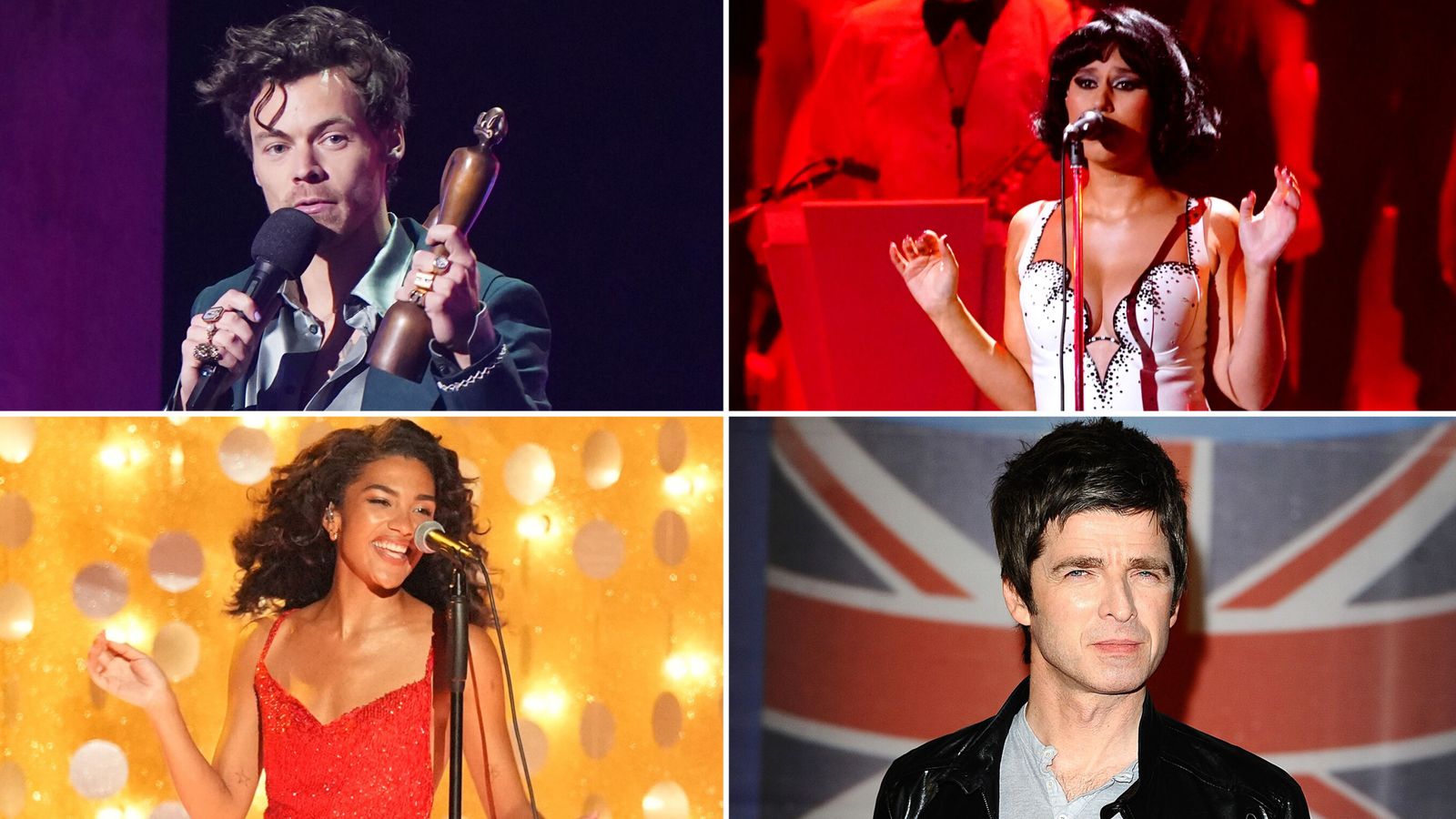 Clockwise from top left: Harry Styles, Raye, Noel Gallagher and Olivia Dean will all be at the Brits tonight: Pics: PA/ AP