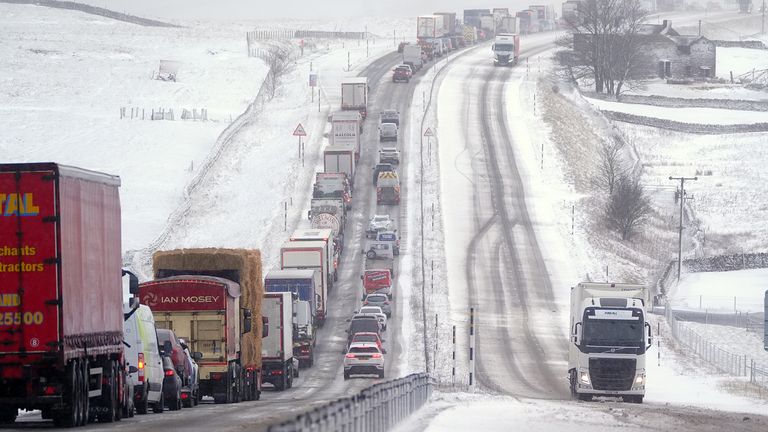 Heavy traffic in the snowy conditions on the A66 near stainmore in Cumbria, north east England. Yellow weather warnings for snow and ice remain in force across parts of the UK. Picture date: Friday February 13, 2026. PA Photo. Photo credit should rea